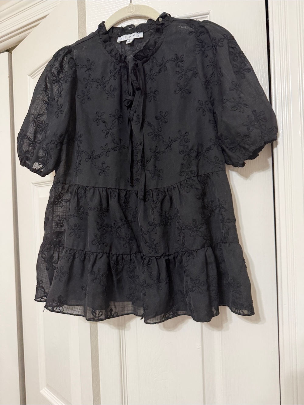 HYFVE Black Floral Lace Tiered Ruffled womens Top